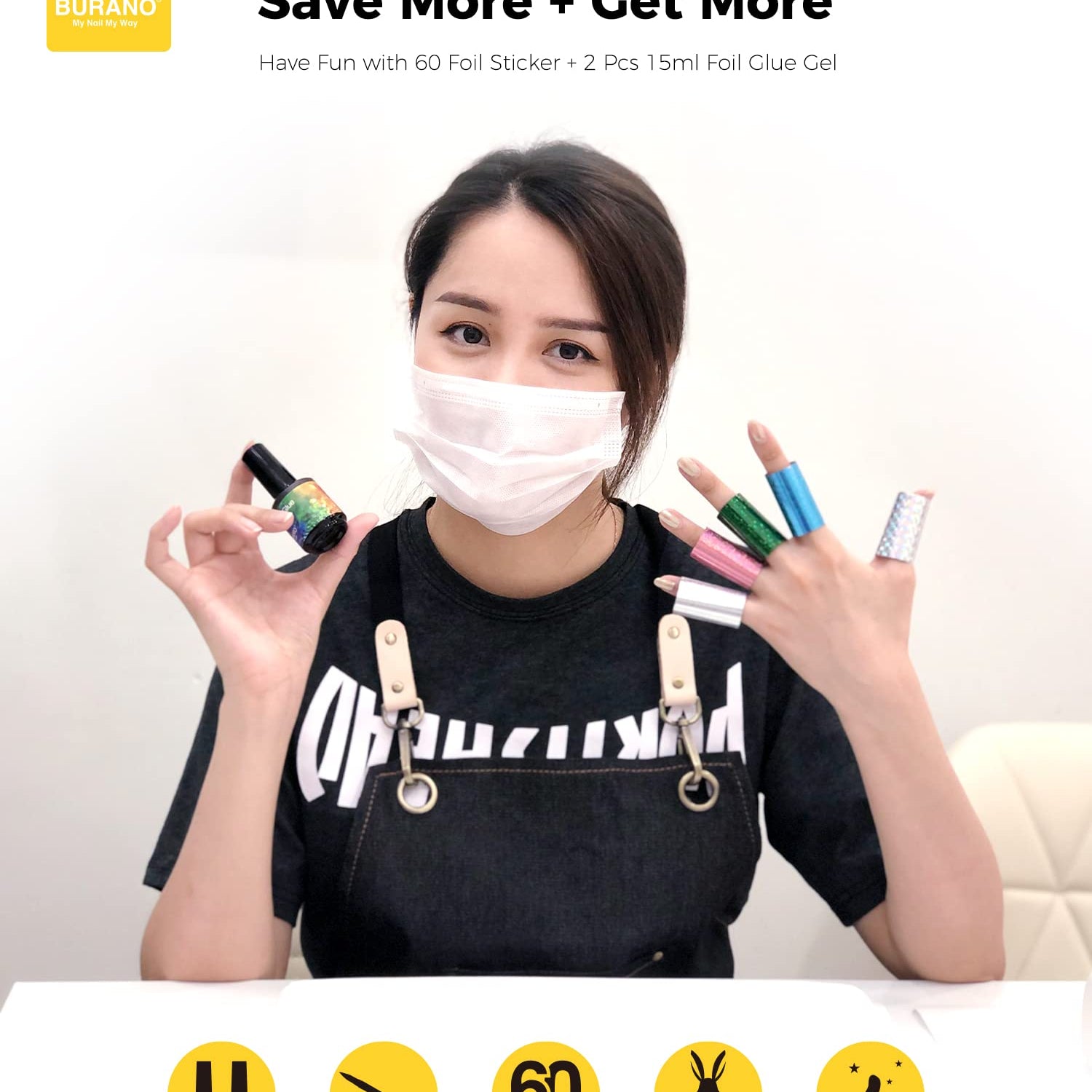 BURANO Nail Art Foil Glue Gel, 15ML 2 Bottles with 60PCS Foils Sticker, Nails Designer Adhesive Transfer Art UV LED Lamp Required BURANO