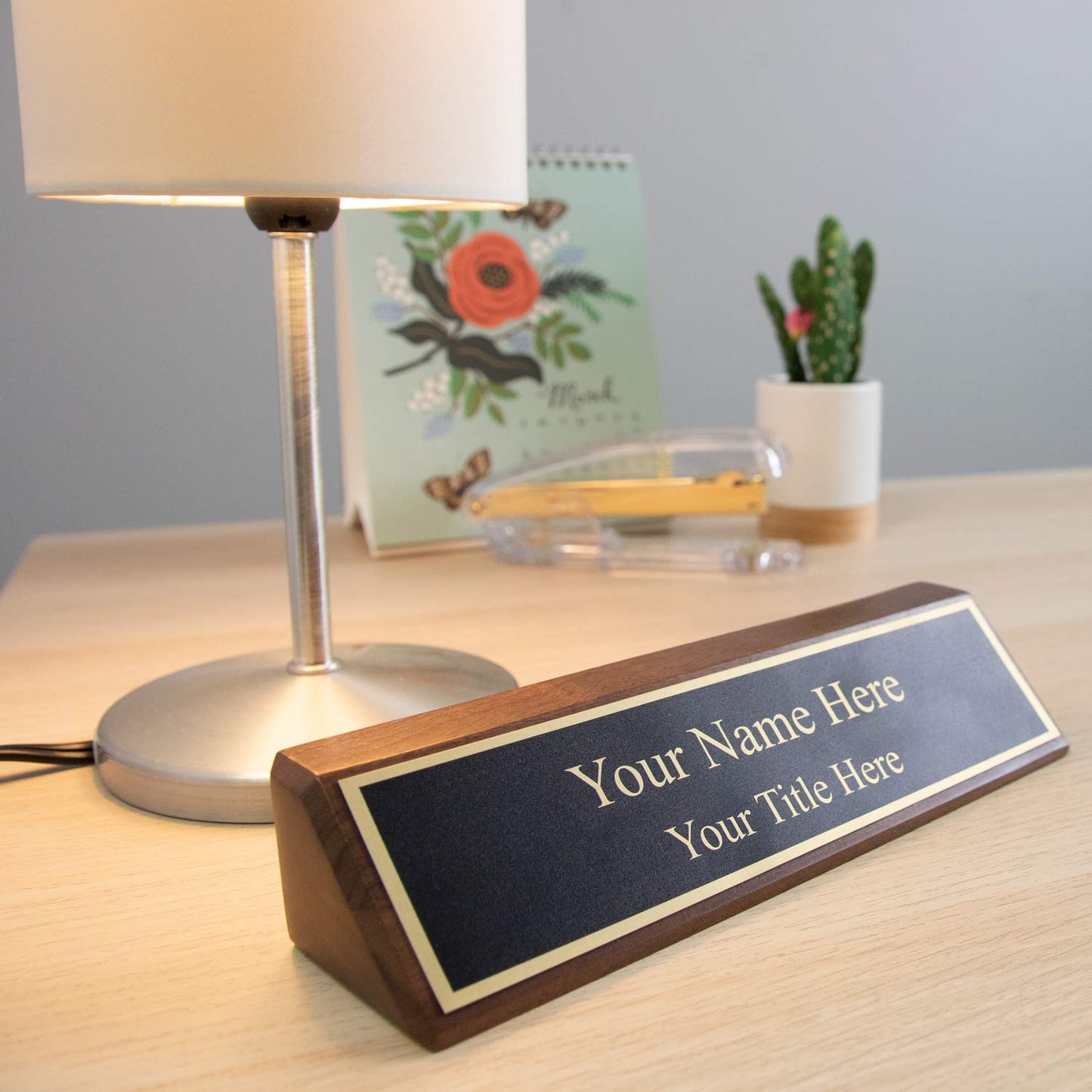 Personalized Walnut Wood Business Desk Black Name Plate with Gold Letters - 2" x 8" - WoodArtSupply