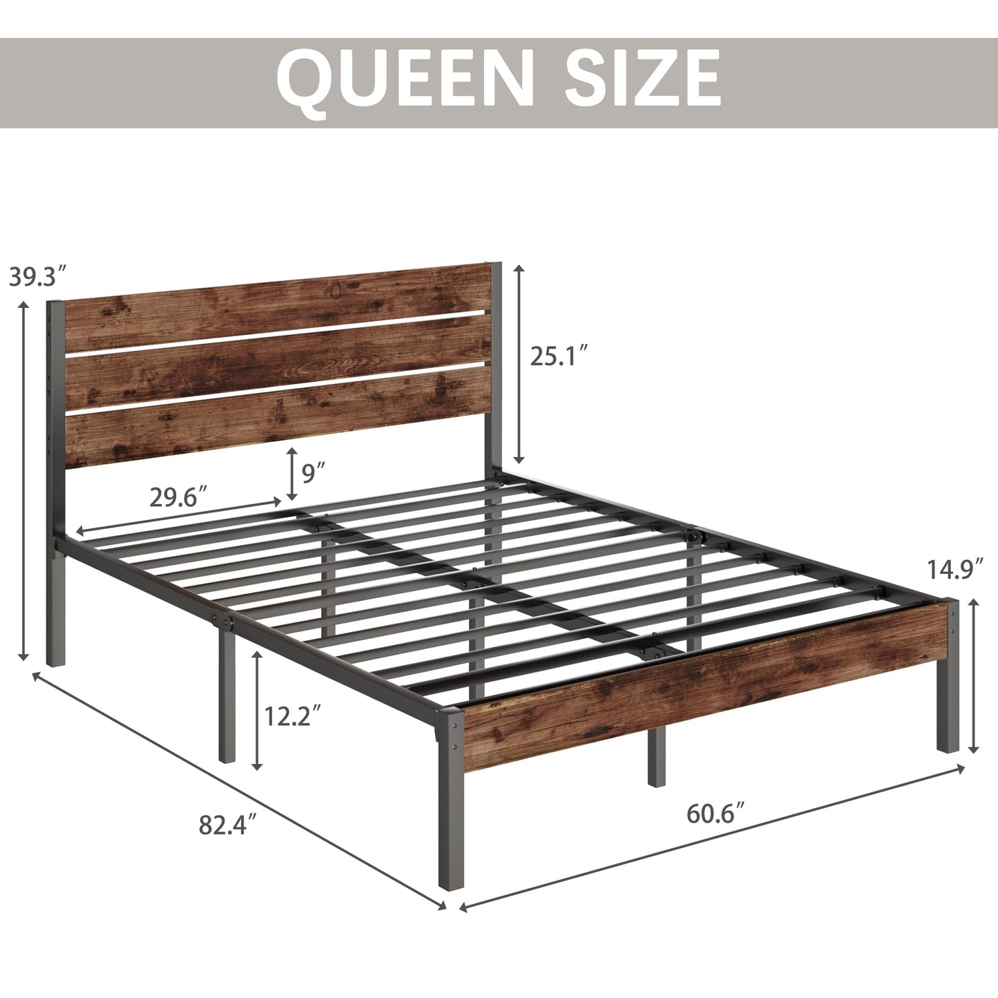 Fluest Queen Bed Frame with Headboard and Footboard, with Under Bed Storage, All-Metal Support System, No Box Spring Needed, Easy Assembly,Rustic