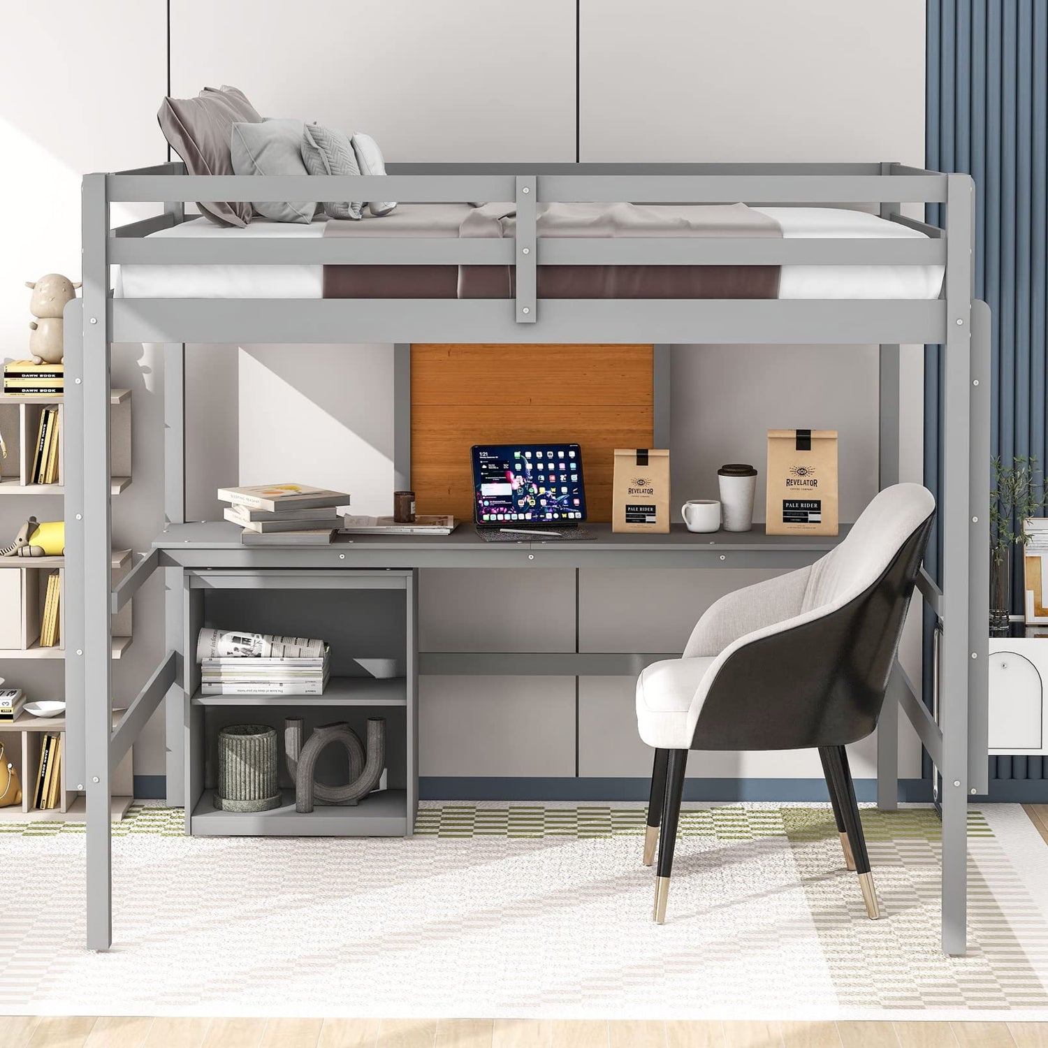 Modern Rustic Grey Loft Bed with Desk, Storage Drawers, and No Box Spring Required TMEOSK