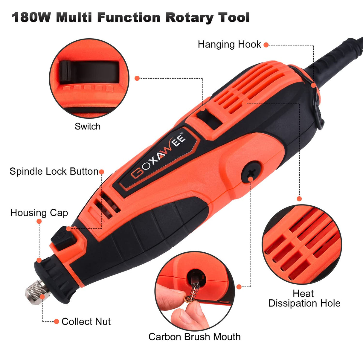 GOXAWEE Rotary Tool Kit with 180 Rotary Tool Accessories & Flex Shaft & Universal Collet, 5 Variable Speed Rotary Multi-Tool, Mini Electric Drill Set GOXAWEE
