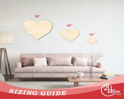 Unfinished Wood Classic Heart | Valentines Day | Weddings | Craft Cutout | Up to 24" 10" / 1/8" - WoodArtSupply