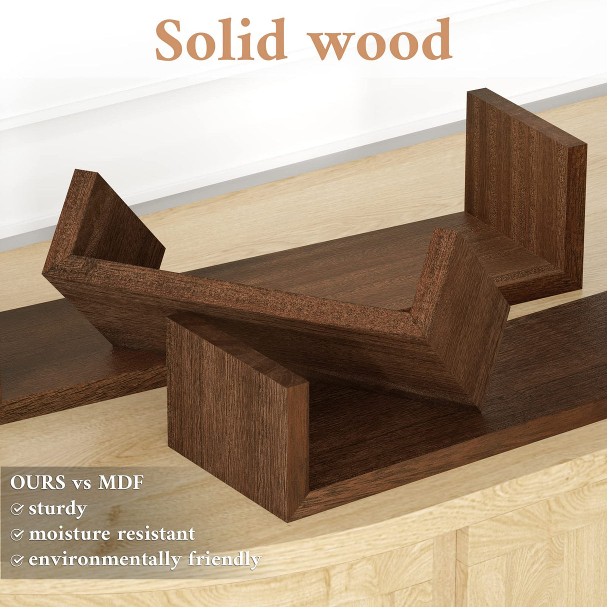 SRIWATANA Floating Shelves Wall Mounted, Solid Wood Wall Shelves Set of 3, Dark Brown… SRIWATANA