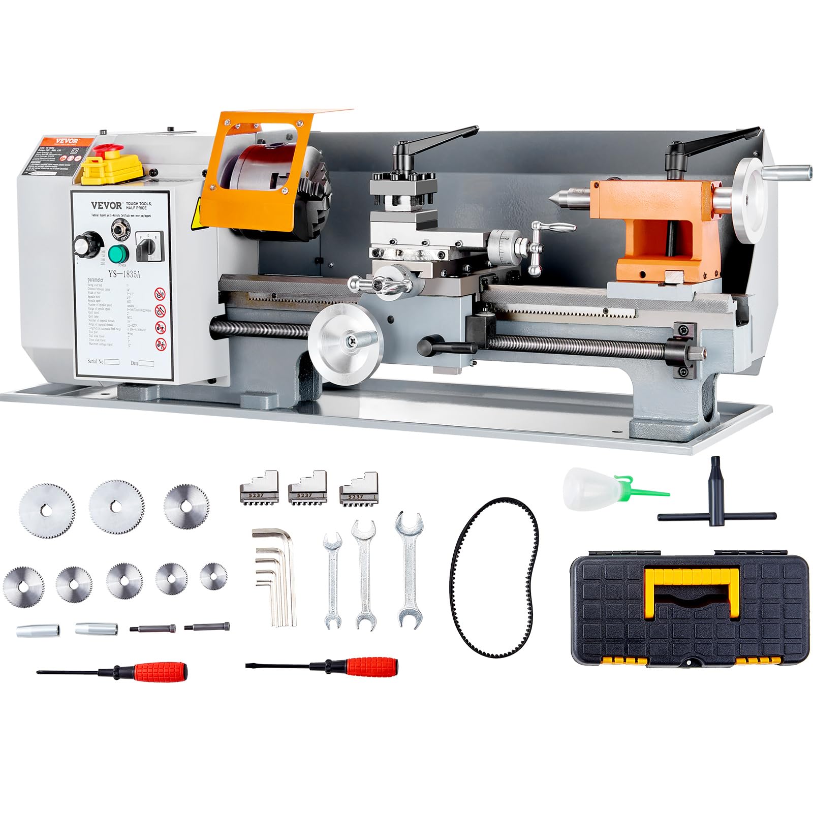 VEVOR Metal Lathe Machine, 7'' x 13.78'', Precision Benchtop Power Metal Lathe, 0-2200 RPM Continuously Variable Speed, 500W Brush Motor Metal Gears, - WoodArtSupply