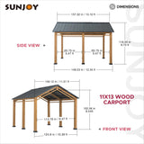Sunjoy Wood Carport 11 x 13 ft. Outdoor Gazebo, Heavy Duty Garage Car Shelter with Steel Roof and Wooden Frame, Gable Roof Cedar Carport for Cars and Sunjoy