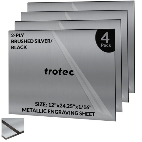 Trotec | Metallic Looking Acrylic Sheet | 4 Pcs | Brushed Silver/Black | 12"x24.25"x1/16" | Metallic Finish - Scratch Resistant for Laser Engraving & TROTEC