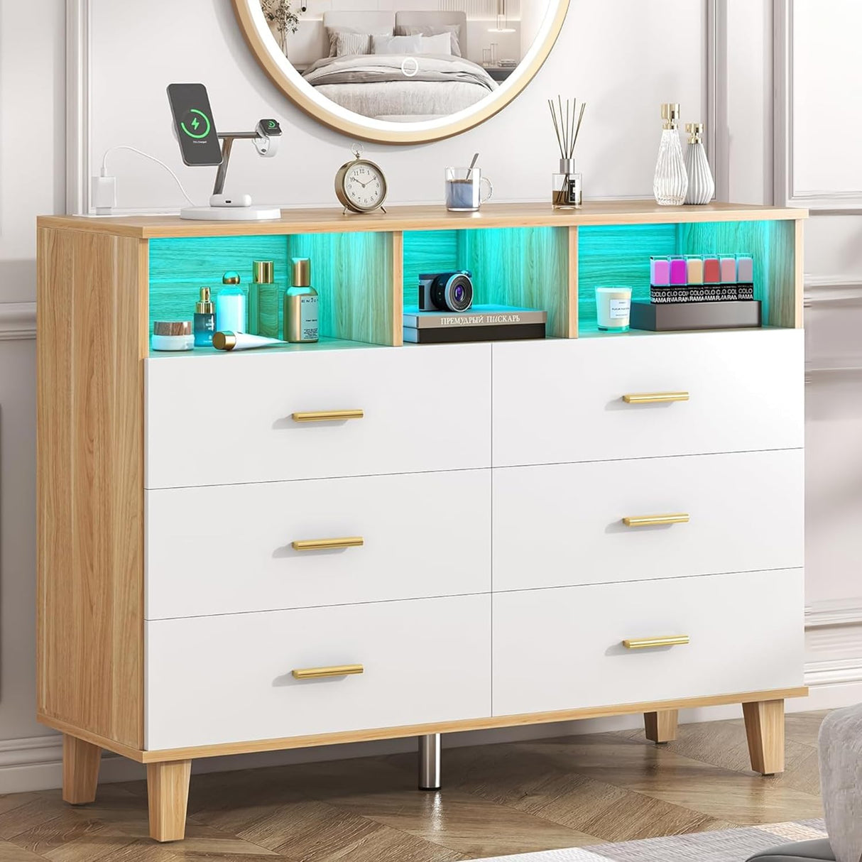 knoworld Dresser for Bedroom,White 6 Drawer Dresser with LED Light and Power Outlet,Tall Wide Dressers Chests of Drawers,Organizer Storage Drawers knoworld