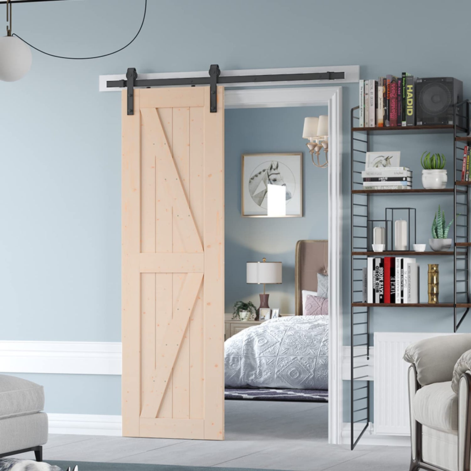 SmartStandard 26in x 84in Sliding Barn Wood Door Pre-Drilled Ready to Assemble, DIY Unfinished Solid Spruce Wood Panelled Slab, Interior Single Door SMARTSTANDARD