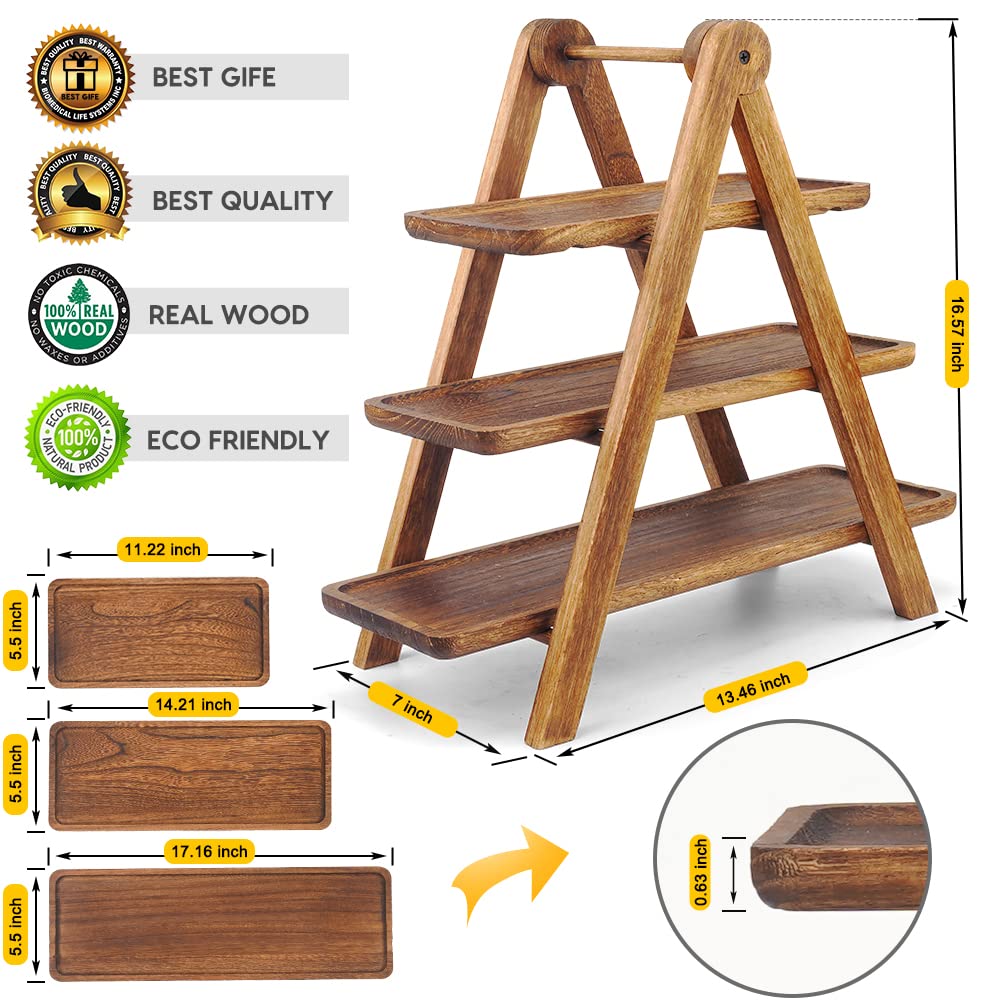 Manspdier Wood 3 Tier Serving Tray Three Tiered Cupcake Stand, Rectangle Serving Platter Wooden Farmhouse, Party Serving Brown Decorative Tray Decor - WoodArtSupply