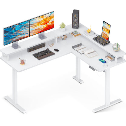 AODK L Shaped Electric Standing Desk, 59" x 48" Stand Up Corner Desk, Home Office Sit Stand Desk with White Top and White Frame, L-Shaped Standing