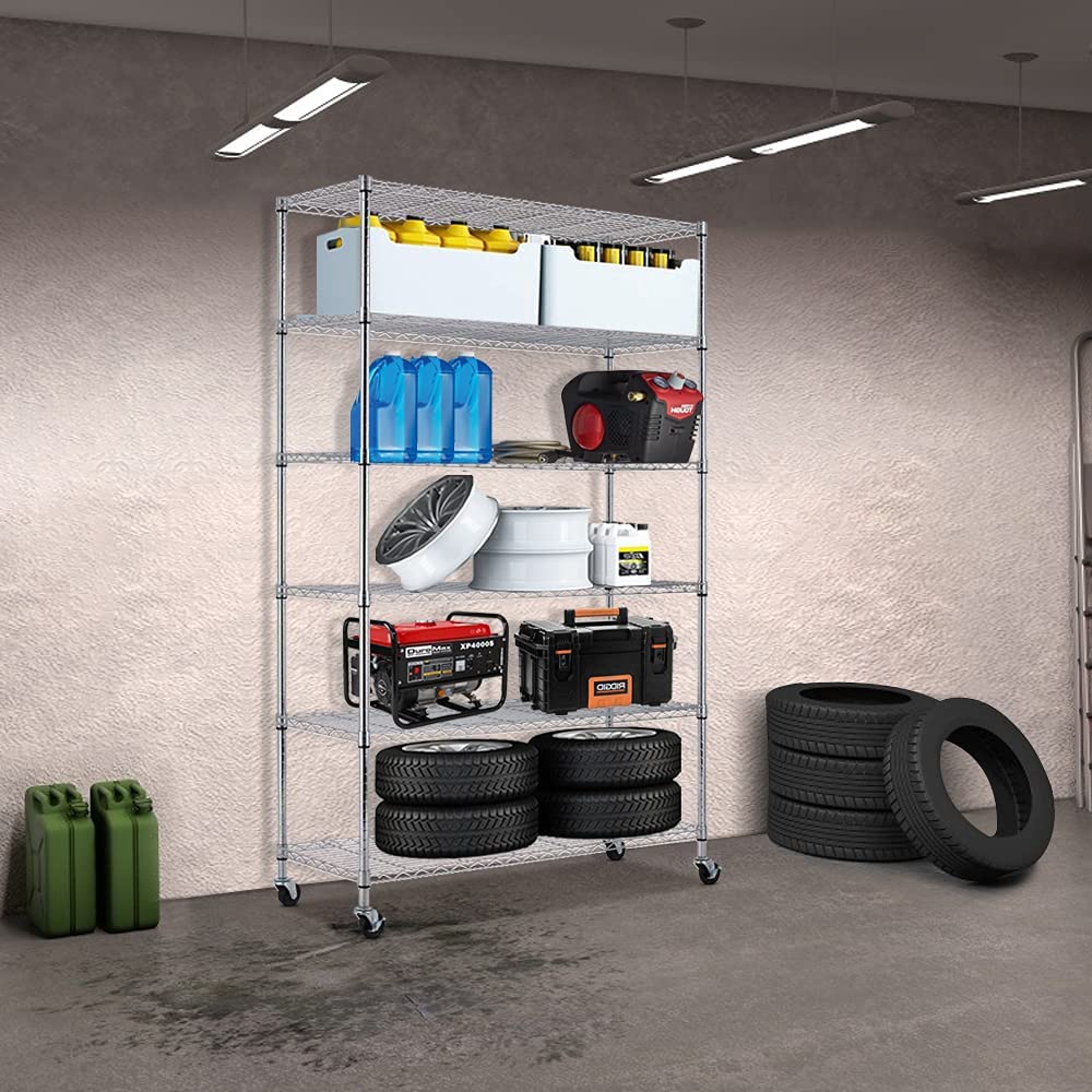 Storage Shelves 6-Tier Wire Shelving Unit Garage Shelving with Wheels 2100LBS Capacity,18" D x 48" W x 78" H Metal Shelves Storage Rack Heavy Duty Capacmkseh