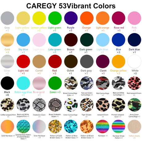 CAREGY HTV Heat Transfer Vinyl Bundle: 80 Pack 12" x 10" Iron on Vinyl for T-Shirt, 53 Assorted Colors for All Cutter Machine or Heat Press Machine CAREGY