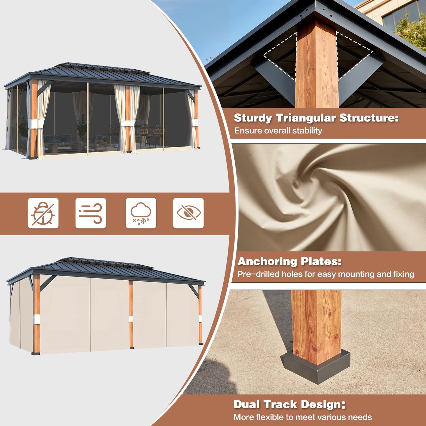 EROMMY 12' x 20' Hardtop Gazebo, Wooden Grain Aluminum Frame Canopy with Galvanized Steel Roof, Outdoor Permanent Pavilion with Curtains and Nettings