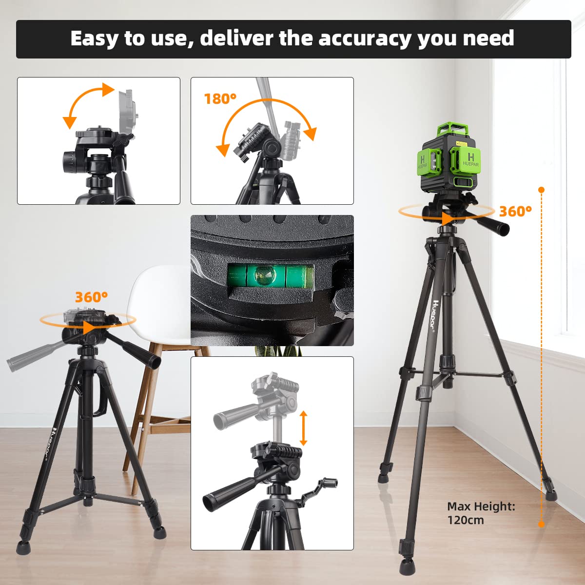 Huepar 3x360 Self-leveling Cross-Line Laser Level, 3D Green Beam Three-Plane Leveling and Alignment Laser Tool with 47" Lightweight Extendable Tripod Huepar