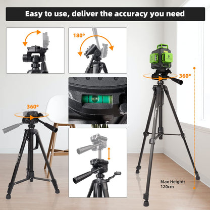 Huepar 3x360 Self-leveling Cross-Line Laser Level, 3D Green Beam Three-Plane Leveling and Alignment Laser Tool with 47" Lightweight Extendable Tripod - WoodArtSupply