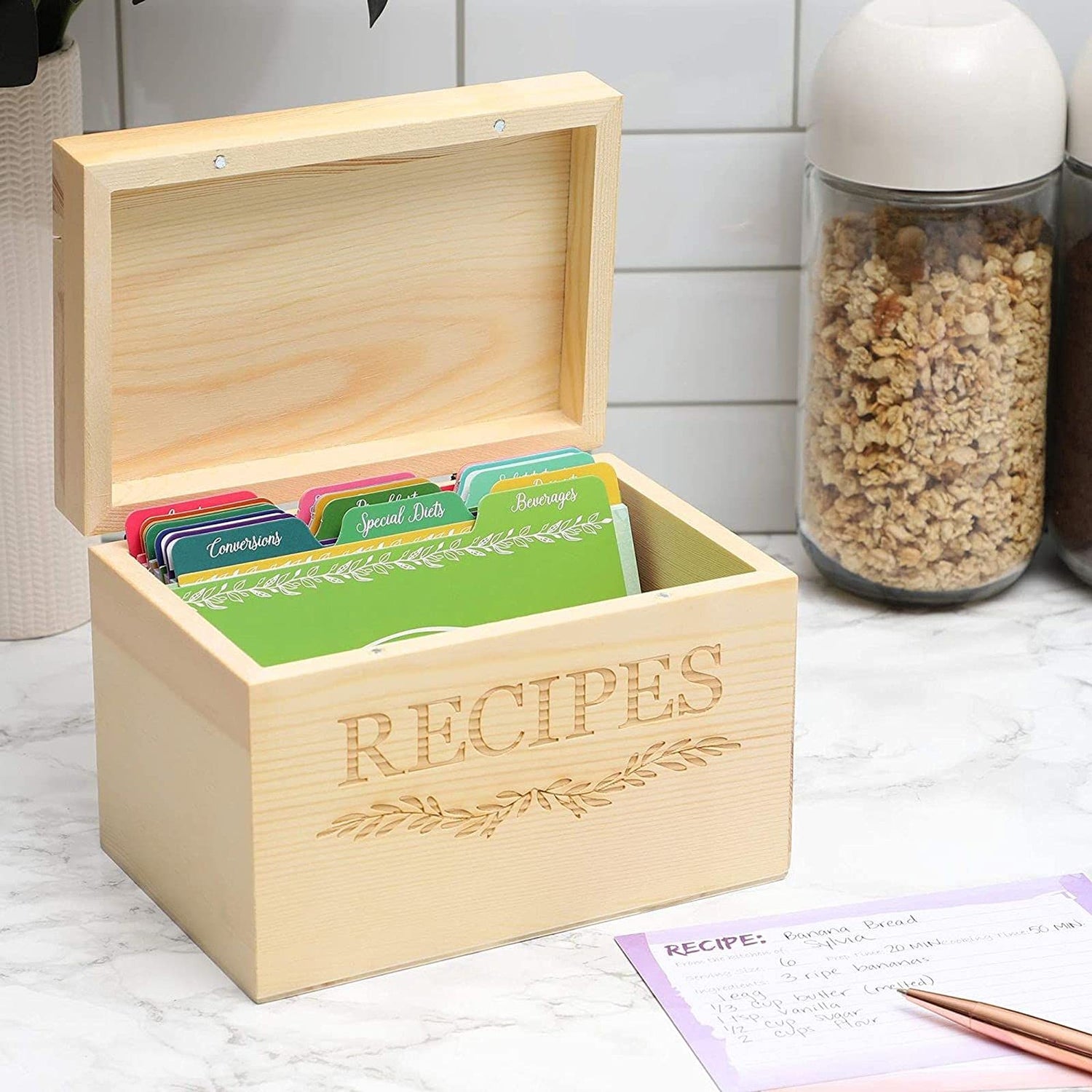 Juvale Wood Recipe Organization Box with Cards and Dividers Juvale
