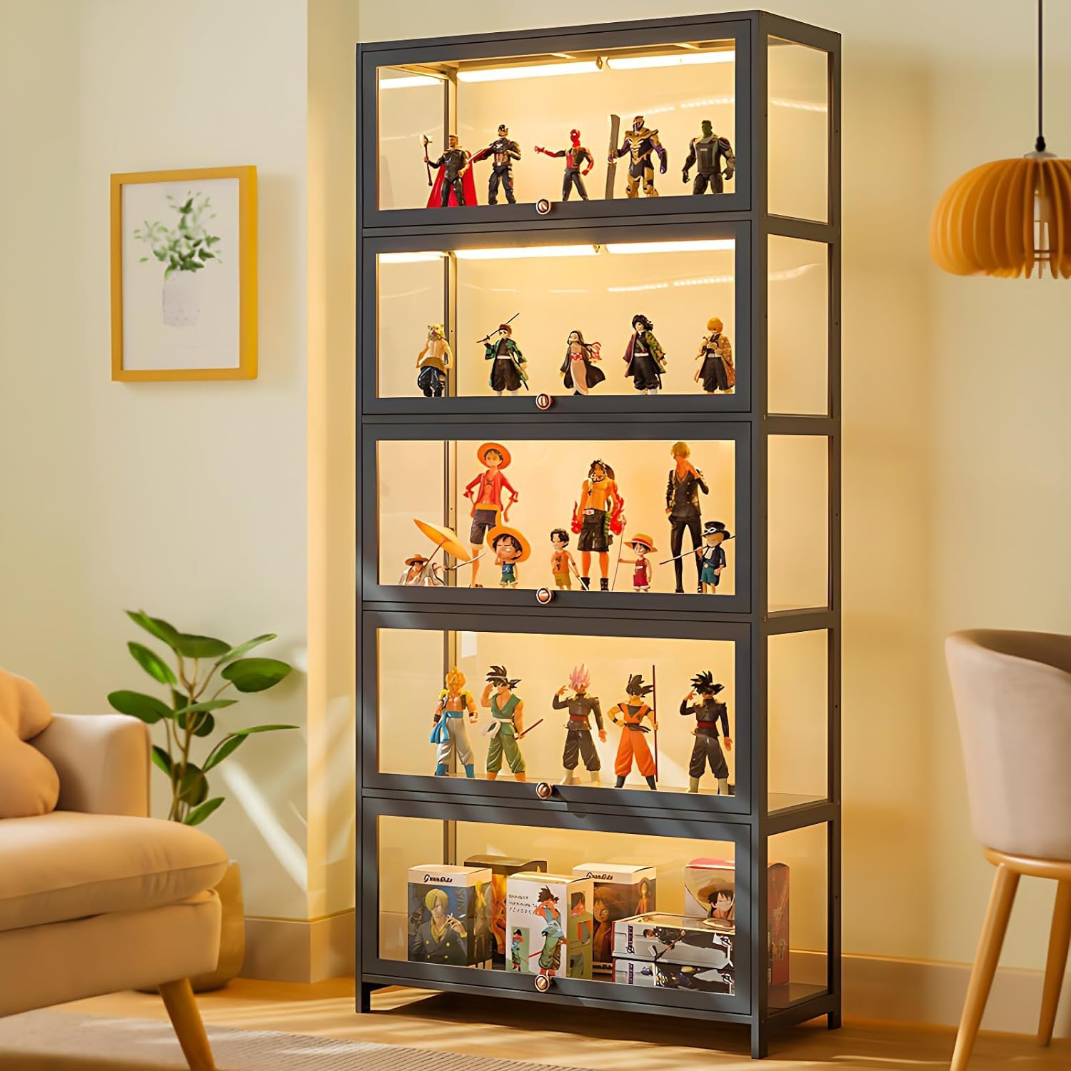 BYSIECD 5-Tier Acrylic Display Cabinet with Bamboo Frame for Organising Collectibles and More BYSIECD