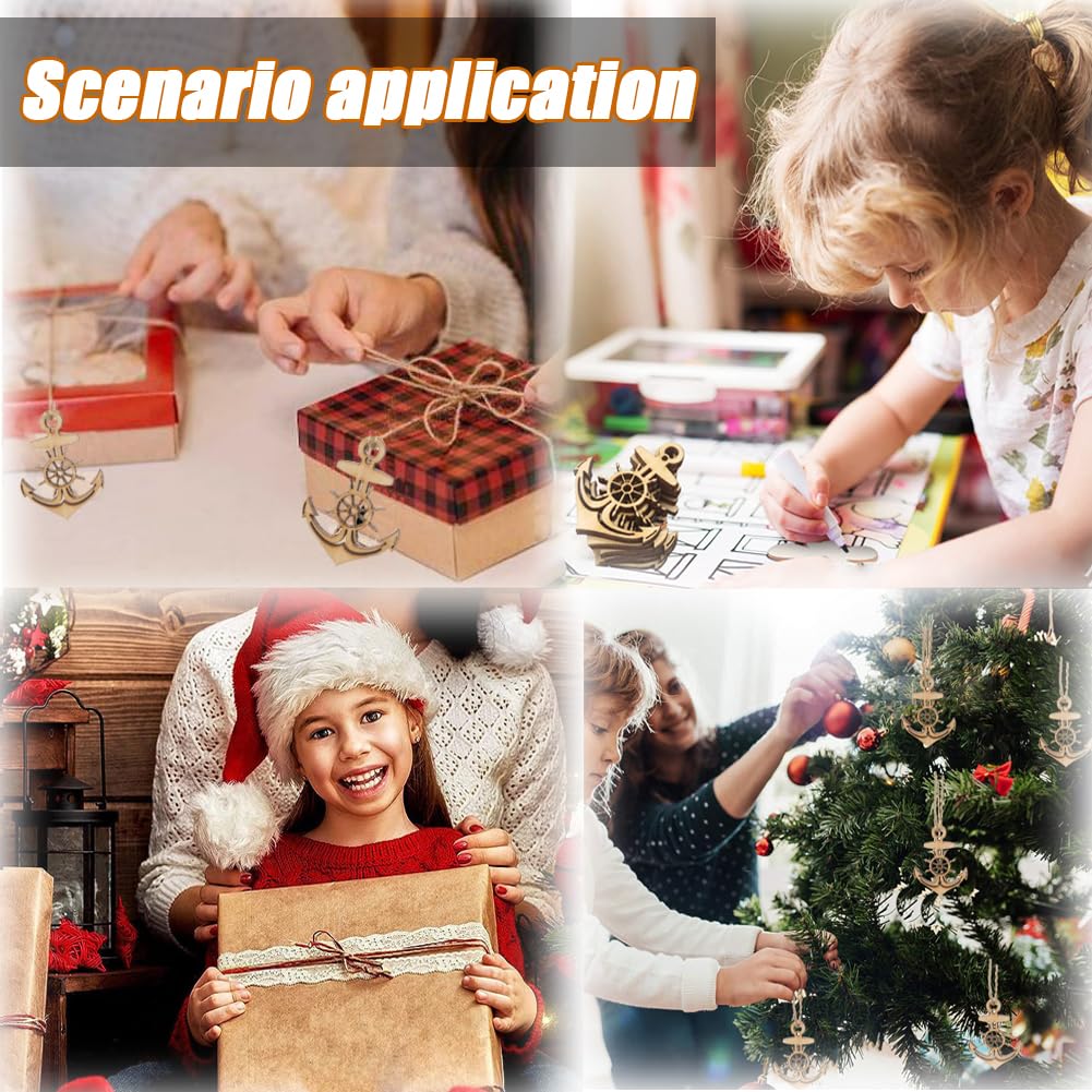 50 pcs Anchor Rudder Wooden Cutouts for Crafts, Unfinished Wood Ornaments DIY Wood Slices with Holes for Ocean Themed Party Kids Crafts Scrapbooking SSYHQAX