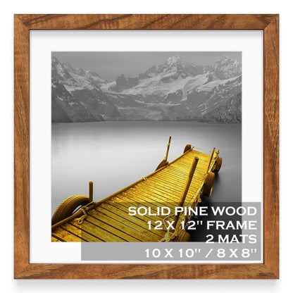 12x12 Picture Frames Solid Wood Display Pictures 10x10 or 8x8 with Mat or 12x12 without Mat - 12x12 Inch Square Photo Frames with 2 Mats for Wall or