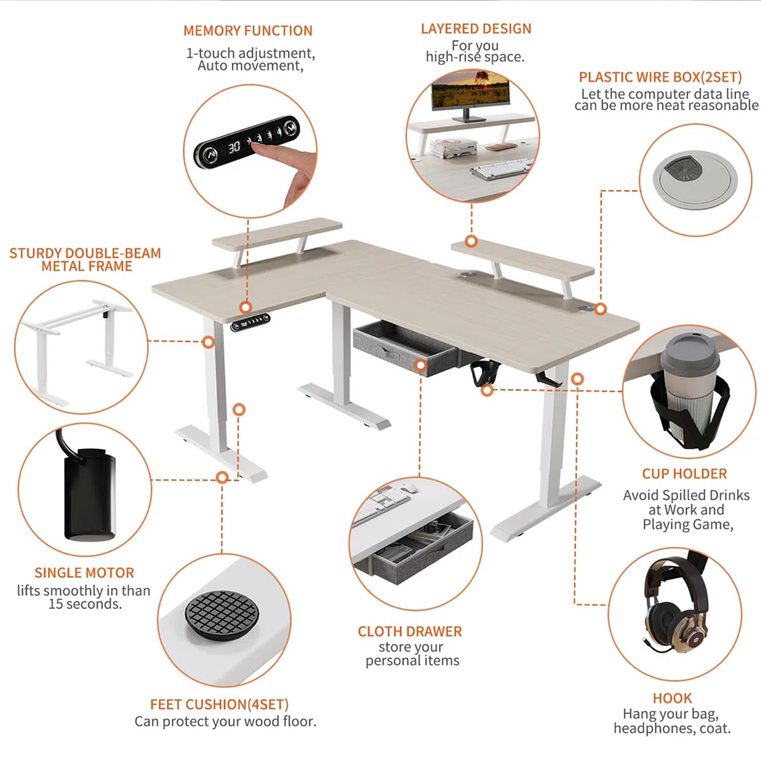 Sileye L Shaped Gaming Drawer Storage Shelf, Electric Adjustable Height, Corner Stand Up Desk with Splice Board for Home Office White Frame/Pale Sileye