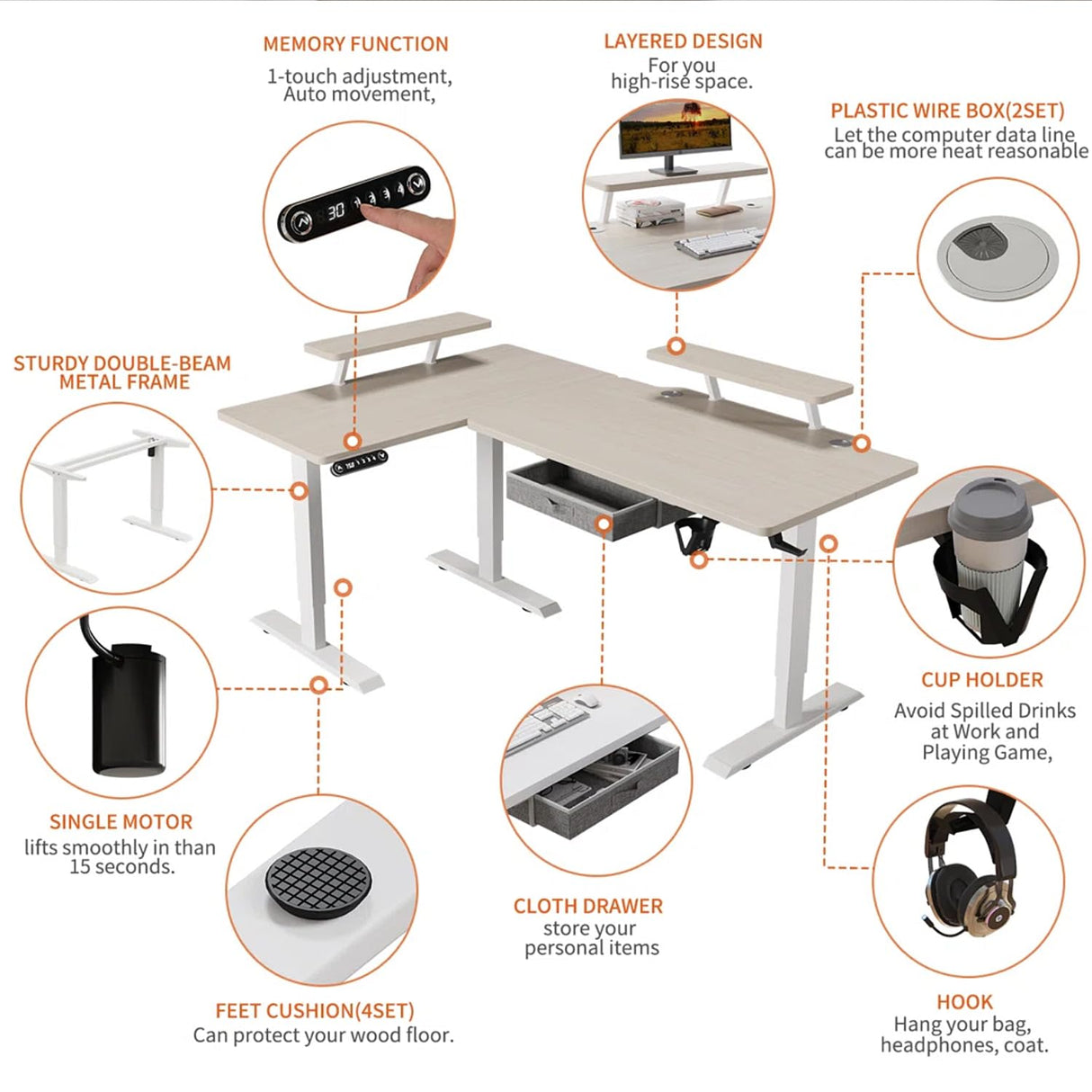 Sileye L Shaped Gaming Drawer Storage Shelf, Electric Adjustable Height, Corner Stand Up Desk with Splice Board for Home Office White Frame/Pale Sileye