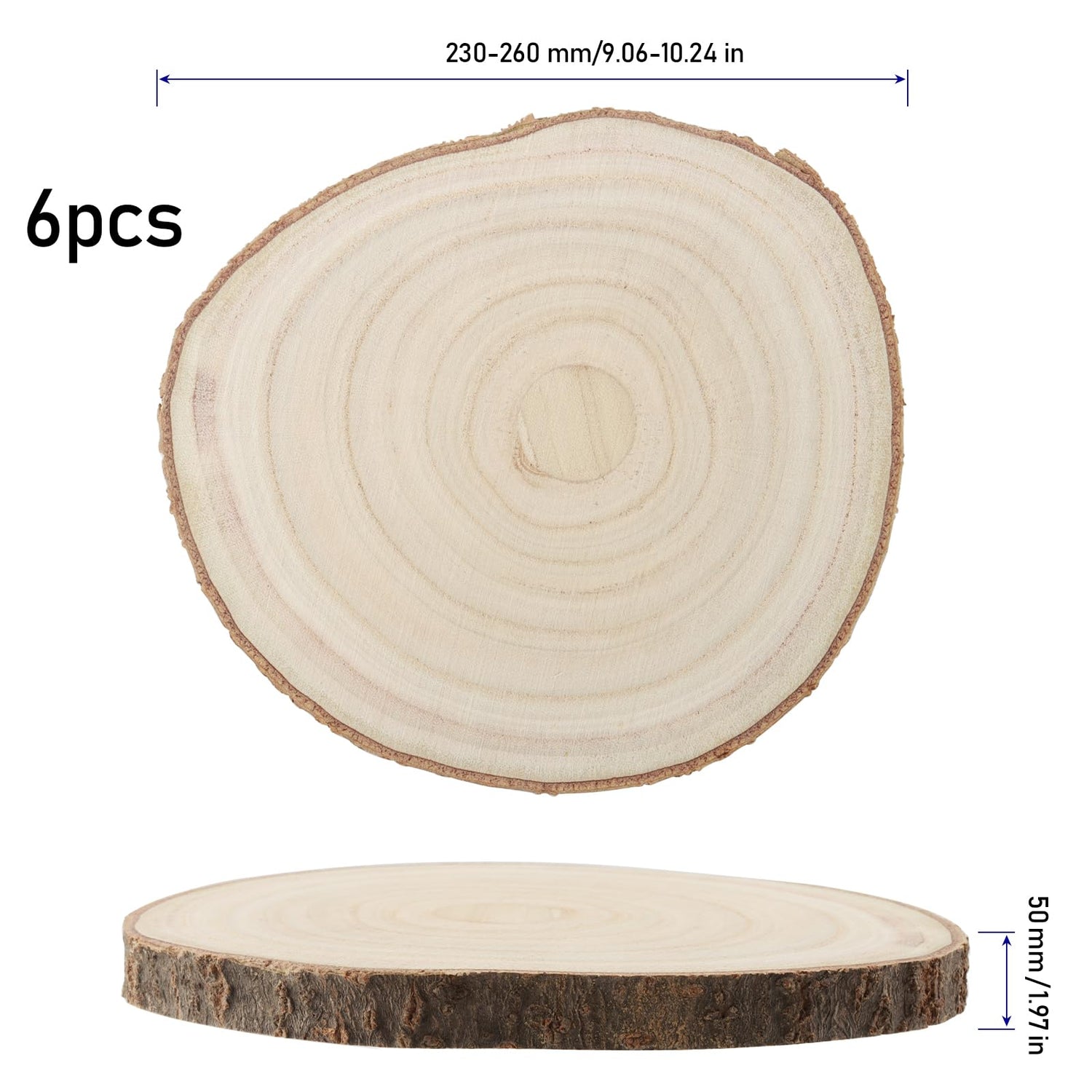KINJOEK 6PCS 9-10 Inch Large Natural Wood Slices with Bark, Unfinished Wooden Table Coasters Circles, Blank Round Wood Ornaments Slices Bulk for KINJOEK