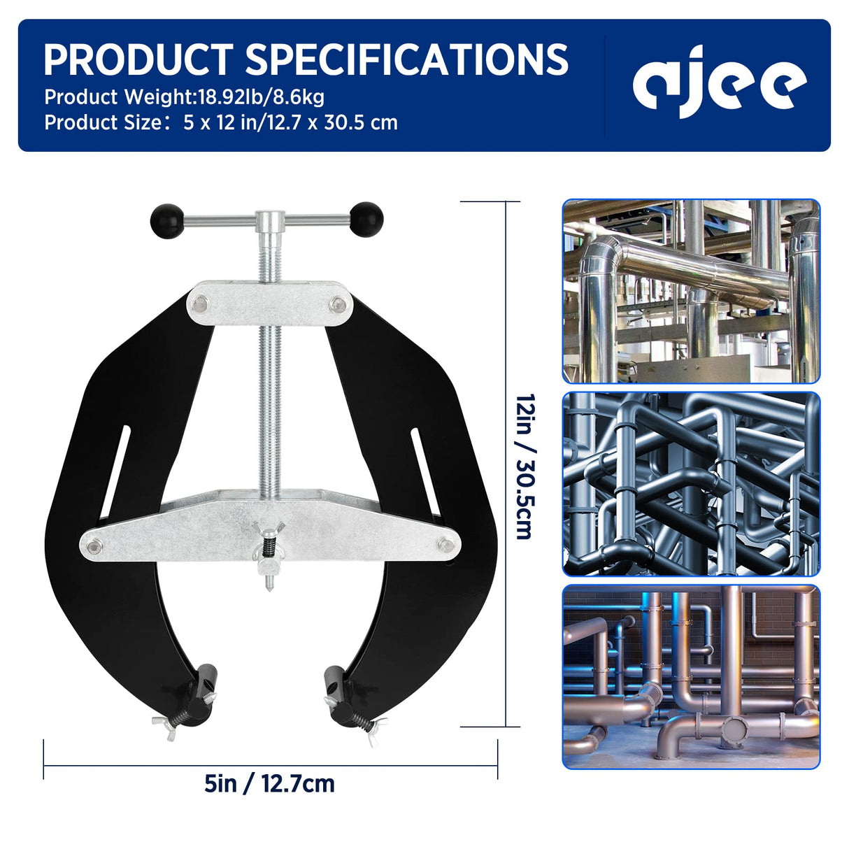 Pipe Clamp, 5 to 12 in, Steel Pipe Alignment Tool with Lightweight Design, High Strength Ultra Clamp with Quick Acting Screws, Black ajee