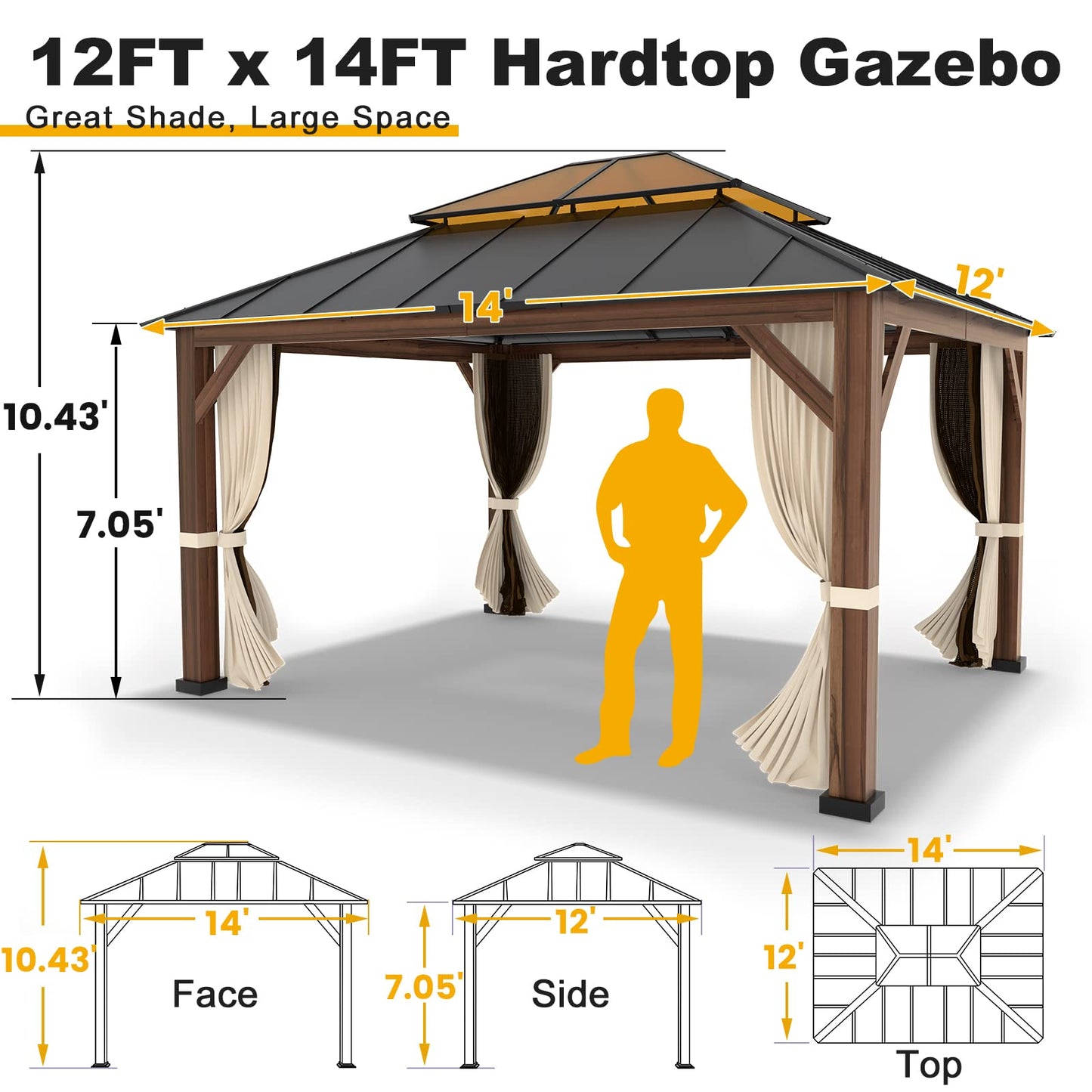 OLILAWN Gazebo 12x14, Hardtop Gazebo with Wood Finish Aluminum Frame, Galvanized Steel Double Top Gazebo with Ventilation, All-Weather Metal Gazebo - WoodArtSupply