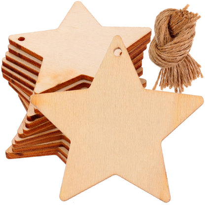 DEARMAMY 50Pcs Christmas Hanging Wooden Star Cutout to Paint Unfinished Blank Wooden Star Cutout Ornaments for Xmas Tree DIY Crafts Gift Tags