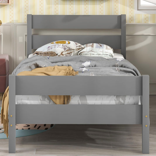 Twin Size Wooden Bed Frame with Headboard & Footboard - Lostcat Grey Platform Bed for Space-Saving Living - WoodArtSupply