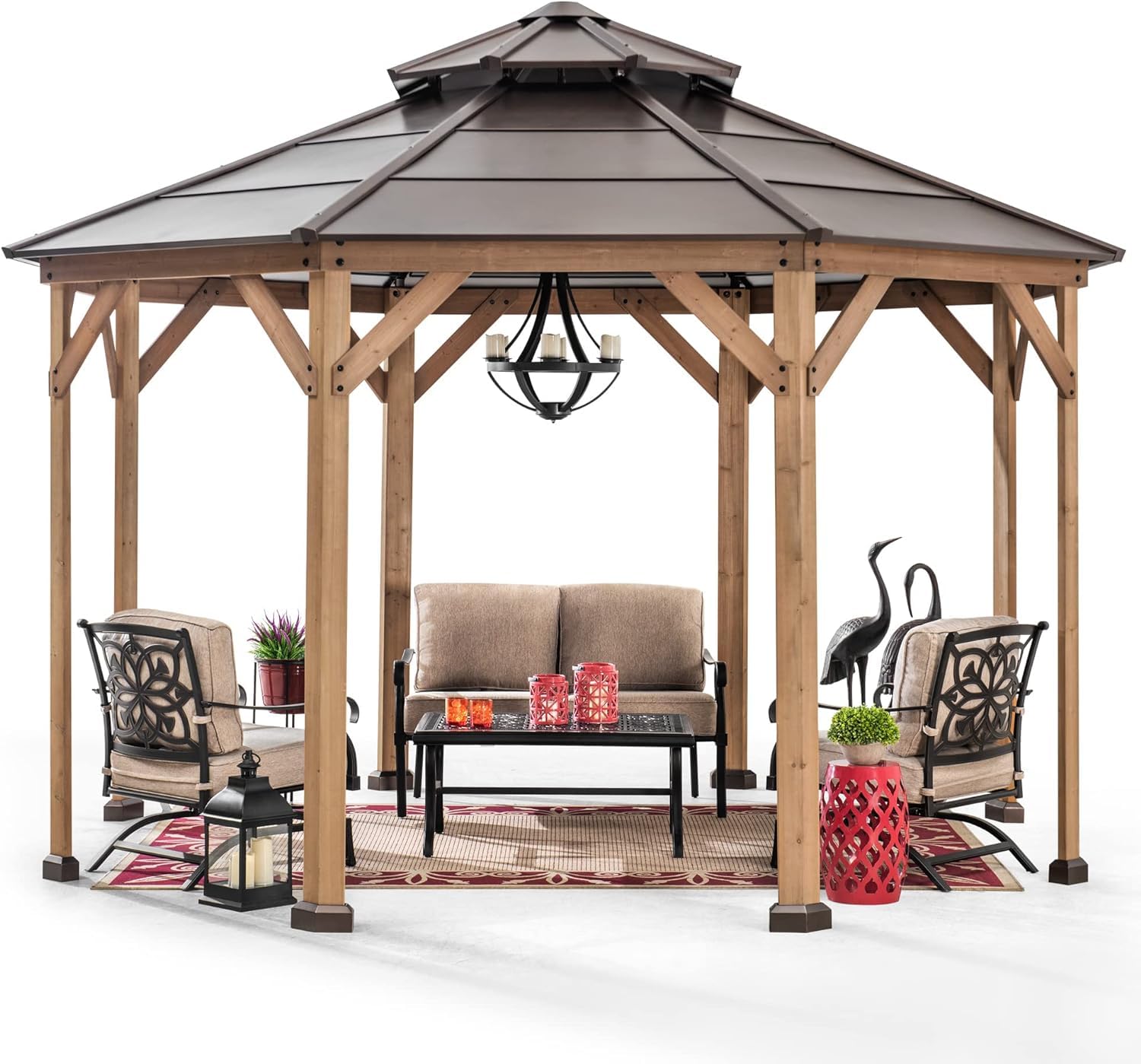 Sunjoy Ion Collection 13 x 13 ft. Cedar Framed Octagon Wood Gazebo with Brown Double Tiered Steel Hardtop Roof and Ceiling Hook for Garden, Backyard Sunjoy