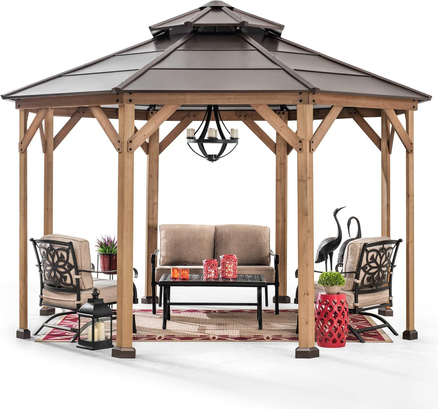 Sunjoy Ion Collection 13 x 13 ft. Cedar Framed Octagon Wood Gazebo with Brown Double Tiered Steel Hardtop Roof and Ceiling Hook for Garden, Backyard - WoodArtSupply