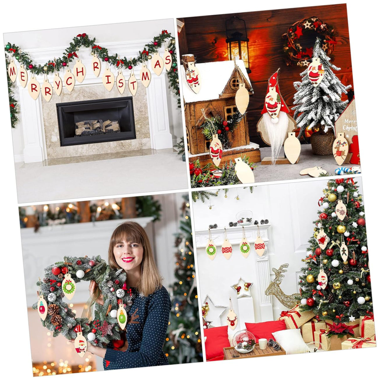 Artibetter 50pcs Christmas Wooden Cutout Unfinished Light Bulb Wooden Slices DIY Wooden Slice with Rope Wooden Christmas Ornaments Decor Kindergarten ARTIBETTER