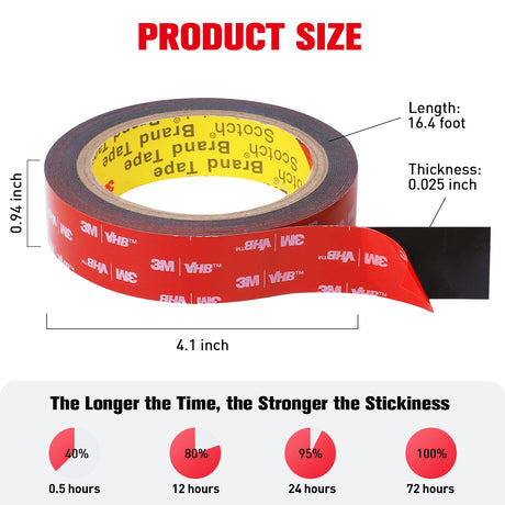 Double Sided Tape Heavy Duty, Waterproof Mounting Foam Tape, 16.4ft Length, 0.94in Width, Strong Adhesive Tape for Car, Wall, LED Strip Light, HitLights