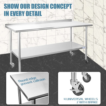 Hally Stainless Steel Table for Prep & Work 24 x 72 Inches with Caster Wheels, NSF Commercial Heavy Duty Table with Undershelf and Backsplash for - WoodArtSupply