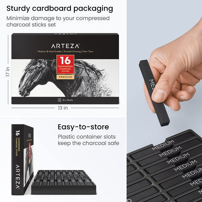 Arteza Compressed Charcoal Sticks, Set of 16, Medium and Hard Grade Sketching Crayons, Art Supplies for Drawing and Shading - WoodArtSupply