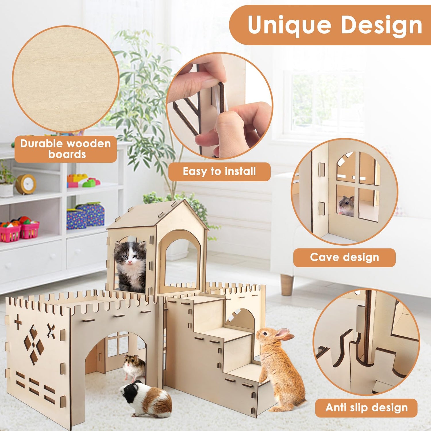 Bissap Wooden Rabbit Hideout Castle, Extra Large Bunny Houses and Hideouts Indoor Outdoor Rabbit Hidey Habitat for Bunnies Chinchillas Hamsters Bissap