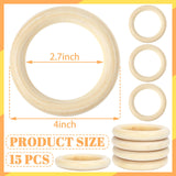Wpxmer 15 PCS Unfinished Wooden Rings for Crafts - 4 Inches Natural Solid Wood Rings for DIY Projects, Macrame and Jewelry Craft Making Wpxmer