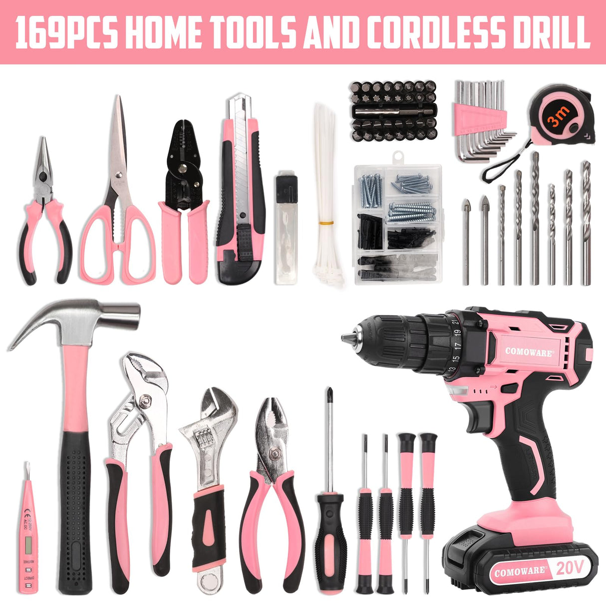 COMOWARE 169Pcs Home Tool Kit with Drill, Pink Drill Set for Women, Lady's Home Repairing Tool Kit with 20V Power Drill, with a Large-Capacity Tool COMOWARE