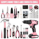 COMOWARE 169Pcs Home Tool Kit with Drill, Pink Drill Set for Women, Lady's Home Repairing Tool Kit with 20V Power Drill, with a Large-Capacity Tool COMOWARE
