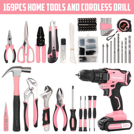 COMOWARE 169Pcs Home Tool Kit with Drill, Pink Drill Set for Women, Lady's Home Repairing Tool Kit with 20V Power Drill, with a Large-Capacity Tool COMOWARE