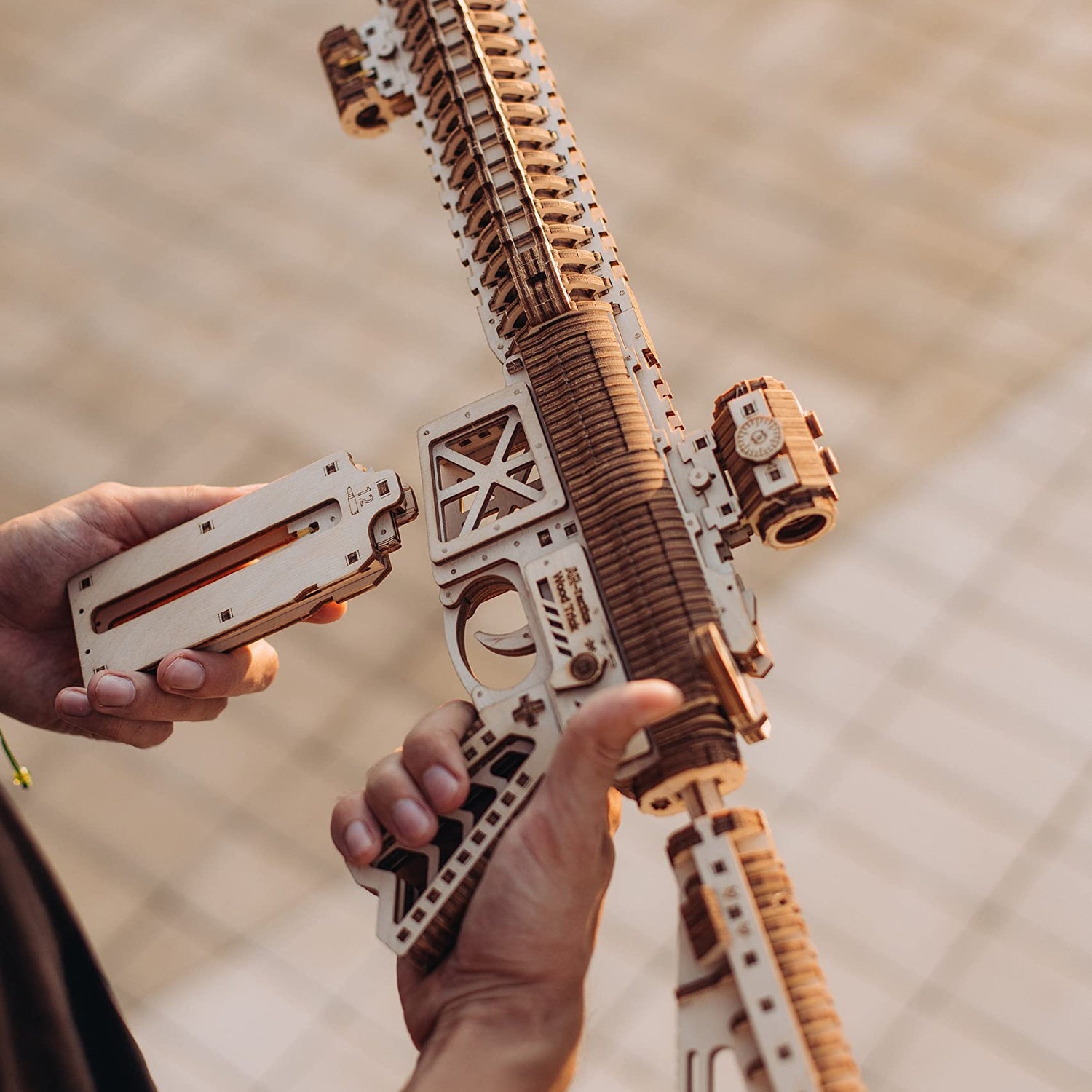 Wood Trick Assault Gun AR-T Model Kit for Adults and Teens to Build - with Telescoping Butt, Fuse, Sight and Clip for 12 Rounds - Detailed Wood Trick