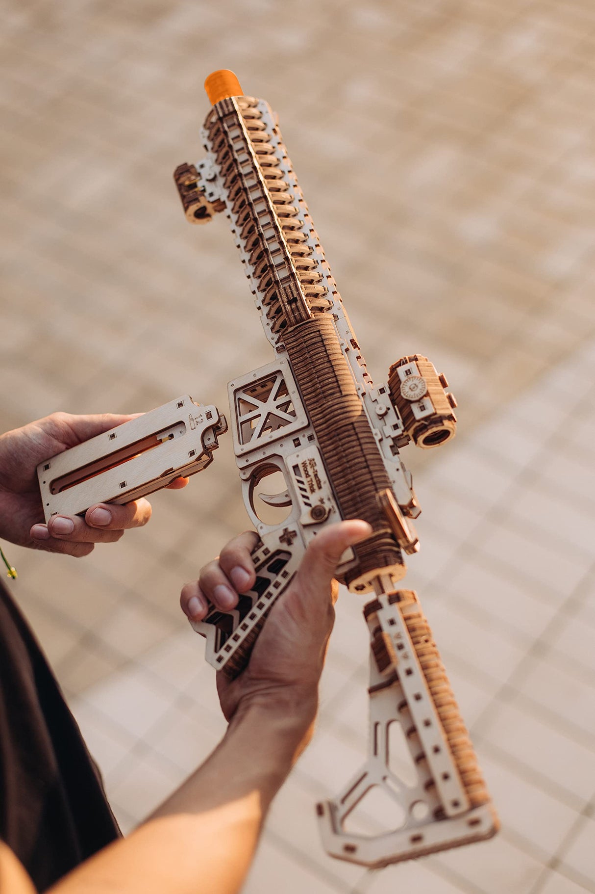 Wood Trick Assault Gun AR-T Model Kit for Adults and Teens to Build - with Telescoping Butt, Fuse, Sight and Clip for 12 Rounds - Detailed Wood Trick