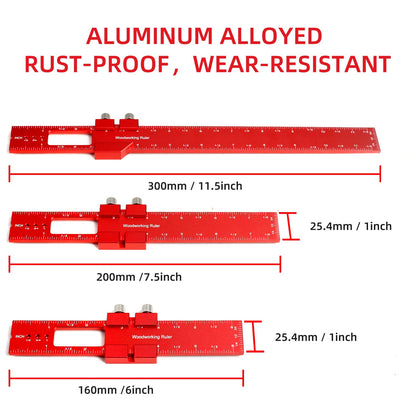 Precision Pocket Ruler Metal Slide Rule Inch and Metric, 3Pcs Aluminum Woodworking Rulers with Slide Stop T-Type Scribing Ruler Square Ruler T Track