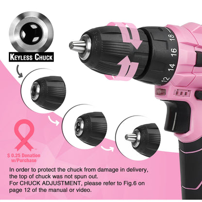 WORKPRO 12V Pink Cordless Drill Driver and Home Tool Kit, Hand Tool Set for DIY, Home Maintenance, 14-inch Storage Bag Included - Pink Ribbon