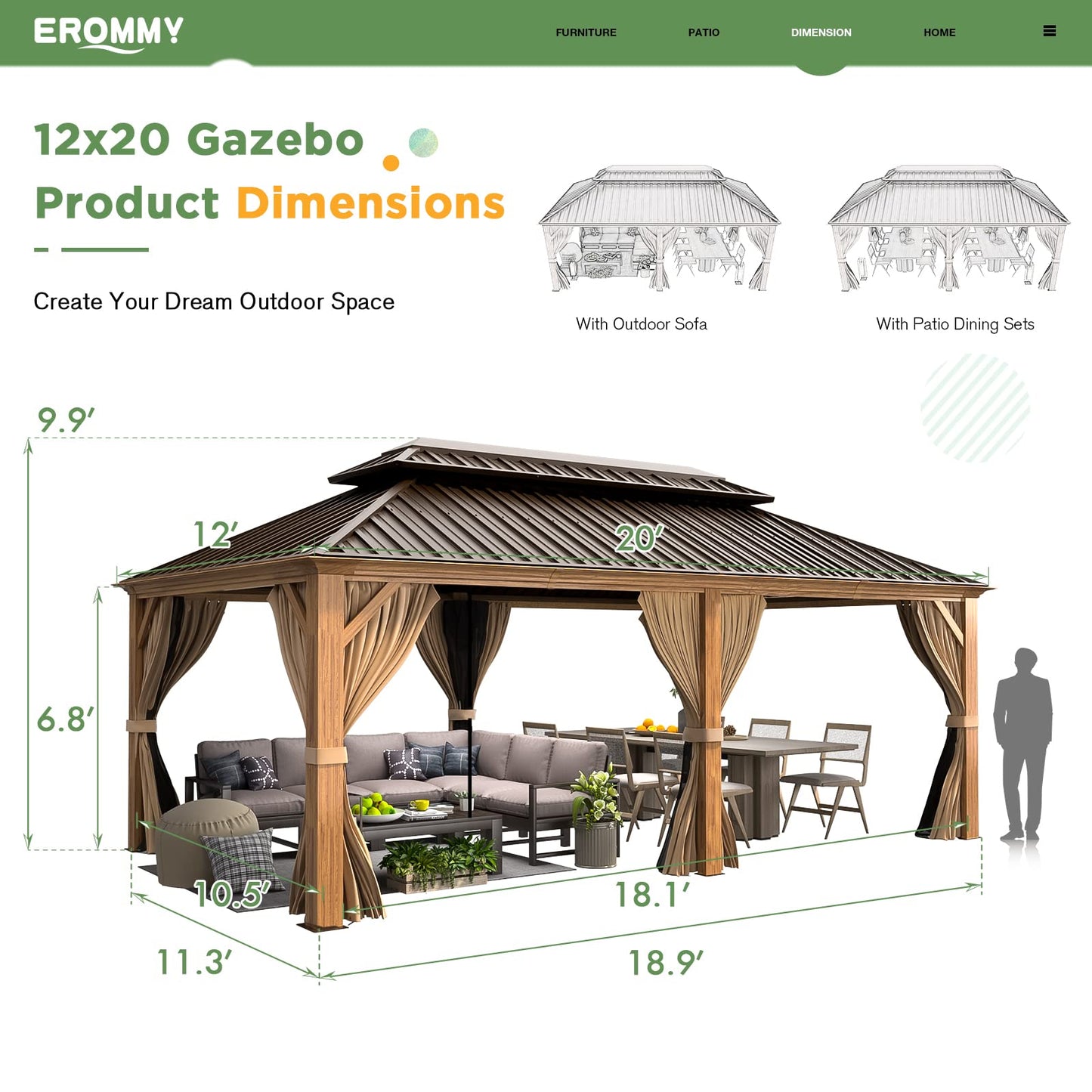 EROMMY 12' x 20' Gazebo, Wooden Finish Coated Aluminum Frame Canopy with Double Galvanized Steel Hardtop Roof, Outdoor Permanent Metal Pavilion with