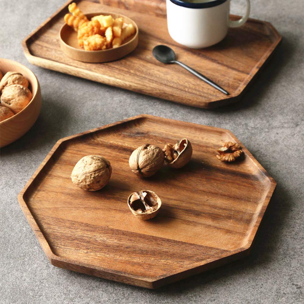 Set of 2 Acacia Wooden Trays Serving Platters Octagon Square Serving Tray Bread Charcuterie Board for Fruit Salad Cheese Platter Vegetable Food Dish Renawe