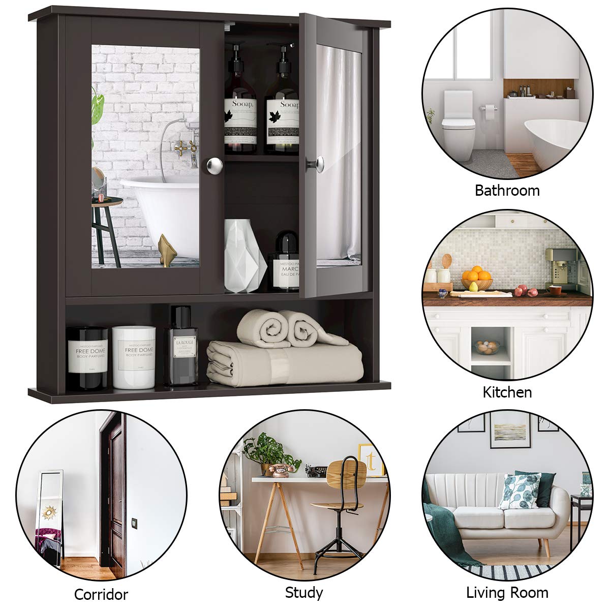 Tangkula Bathroom Cabinet Wall Mounted with Double Mirror Doors, Wood Hanging Cabinet with Doors and Shelves, Bathroom Wall Mirror Cabinet (Brown) Tangkula