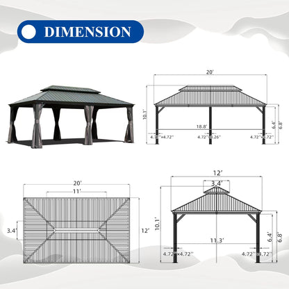 Domi 12x20FT Hardtop Gazebo, Aluminum Outdoor Gazebo with Galvanized Steel Double Roof Canopy, Drainage Gutters, Curtain and Netting, Metal Gazebo - WoodArtSupply