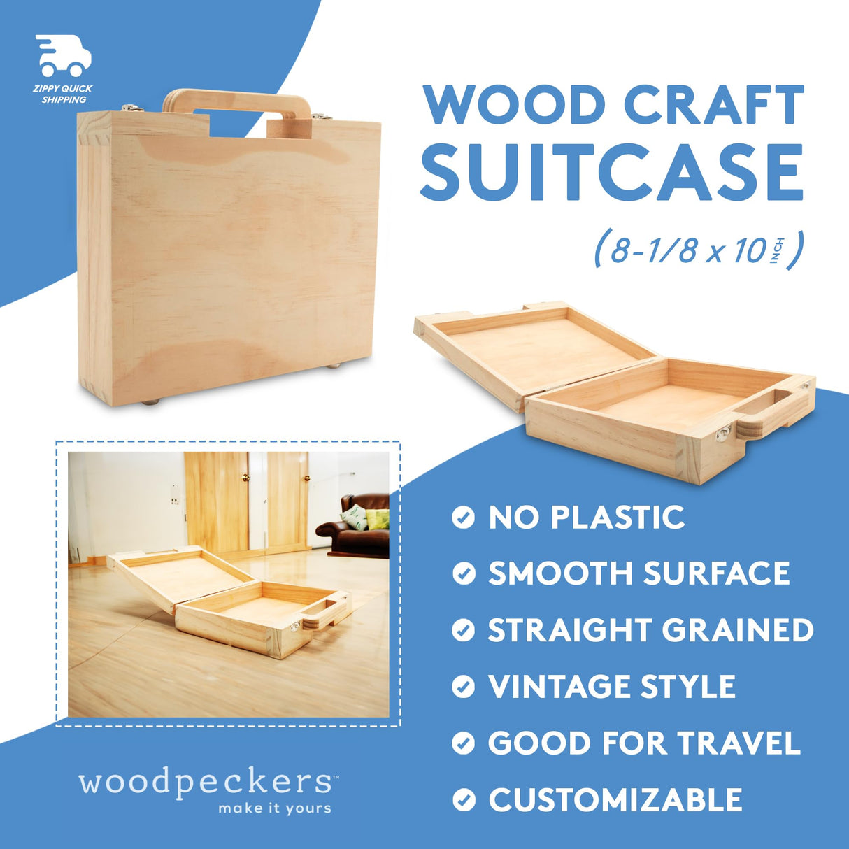 Woodpeckers Wood Suitcase 8-1/8 x 10 inch, Pack of 3 Unfinished Wooden Boxes for Crafts, Travel Friendly Memory Boxes for Keepsakes Woodpeckers
